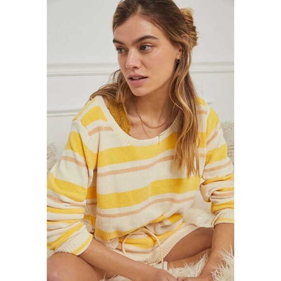 L*SPACE Sunseeker Chenille Crop Top Sweater, Yellow Stripe, Size Large - Picture 3 of 7